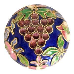 Vintage Miniature Trinket Box Cloisonné Cobalt Blue Cherry Grape Fruit Round